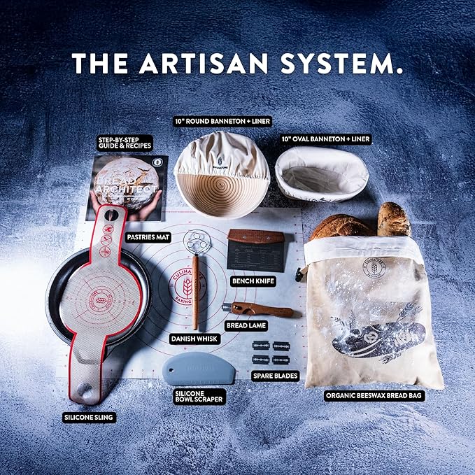 Complete Sourdough Artisan System - Sourdough Starter Kit with 10" Round & Oval Banneton Bread Proofing Baskets, XL Silicone Baking Mat, Beeswax Bread Bag & Professional Sapele Tools