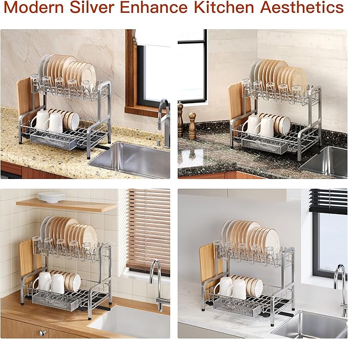 2 Tier Dish Drainers Drying Rack for Kitchen Counter Large Stainless Steel Dishes Drain with Drainboard, Space Saving, Big Modern Silver Countertop Metal Plates Dryer Strainer Holder and Extra Tray