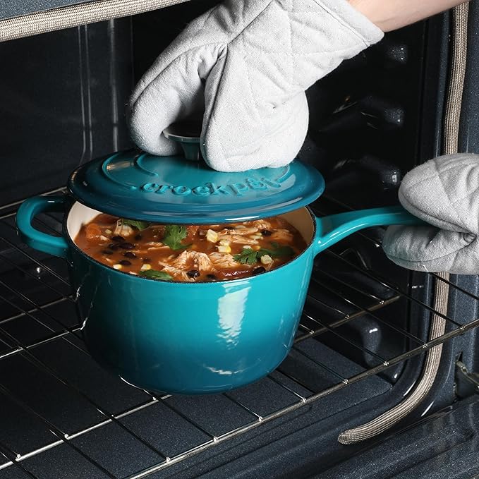 Crock-Pot 3-Quart Teal Ombre Enamel Cast Iron Saucepan with Lid – Durable Oven Safe Cookware