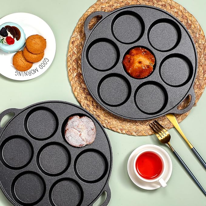 Tioncy 2 Pcs Cast Iron Biscuit Pan Cast Iron Muffin Seasoned Mini Cake Scone Donut Pie Pan for Baking, Egg, Corn Bread, Cupcakes & Dessert(Round Style)