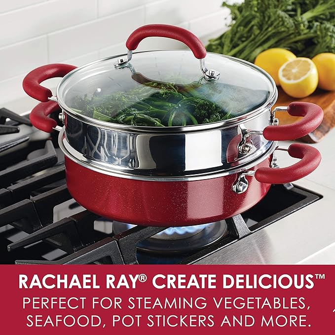Rachael Ray Create Delicious Aluminum Nonstick Steam Set, 3-Quart, Red Shimmer