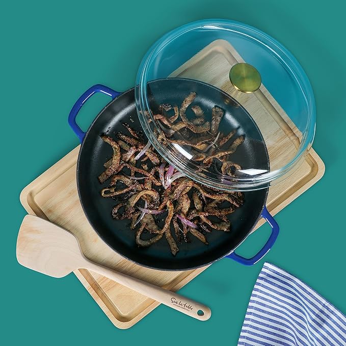 Sur La Table Kitchen Essentials Supper Club 3.75 Quart Enamel Cast Iron All In One Multi-Purpose Non-Toxic Nonstick Braiser Pan W/Borosilicate Glass Lid - Blue