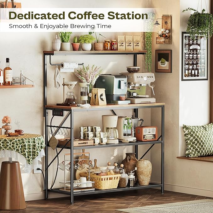 Huuger 4-Tier Bakers Rack with Reversible Power Outlet, 39.4 Inch Microwave Stand, Kitchen Coffee Bar, with Top Shelf, 6 S Hooks, Rustic Brown