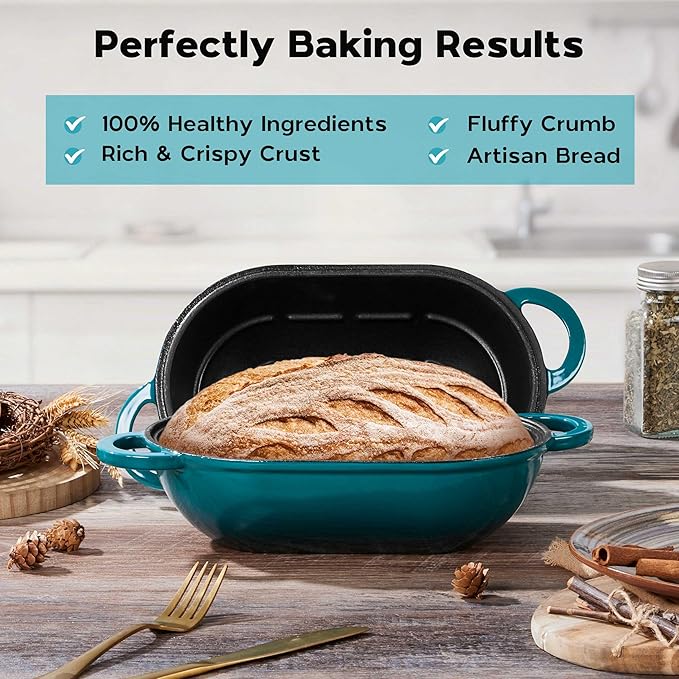 Onader Enameled Cast Iron Dutch Oven for Sourdough Bread Baking, 9x5-1/2 Inch Oval Cast Iron Bread Oven Pan with Lid, 2.8QT Meatloaf Pan, Heavy Duty - Dark Cyan