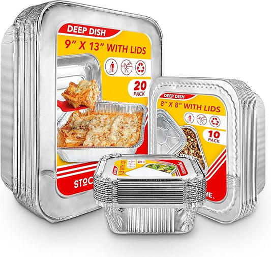 Stock Your Home Disposable Foil Pans with Lids (Set of 40) Heavy Duty Aluminum Pans with Lids (20) 9x13, (10) 8x8, (10) 1-Lb Baking Tins with Covers for Cooking, Heating, Storing, Holiday Dinner Meals