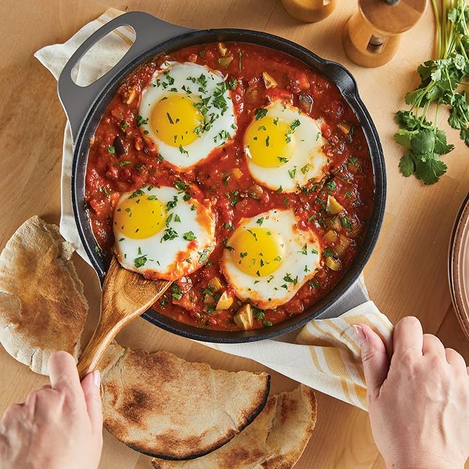 Rachael Ray NITRO Cast Iron Frying Pan/Skillet with Helper Handle and Pour Spouts, 10 Inch, Gray
