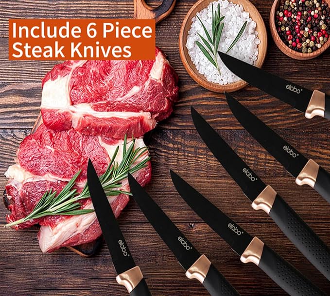 elabo Kitchen Knife Set - 16 Pcs Knife Set with Acrylic Block and Sharpener, Stainless Steel Knives Set for Kitchen Includes Sharp Knives, 6 Serrated Steak Knives, Dishwasher Safe(Rose Gold)
