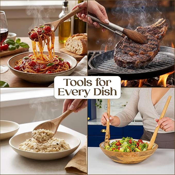 8 Piece Teak Wooden Cooking Spoons Set – Wooden Utensil Set with Spatula Scraper Pasta Spoon Rice Paddle Tongs for Everyday Cooking, Smooth Sanded Finish, Comfortable Grip Handles, Gentle on Cookware