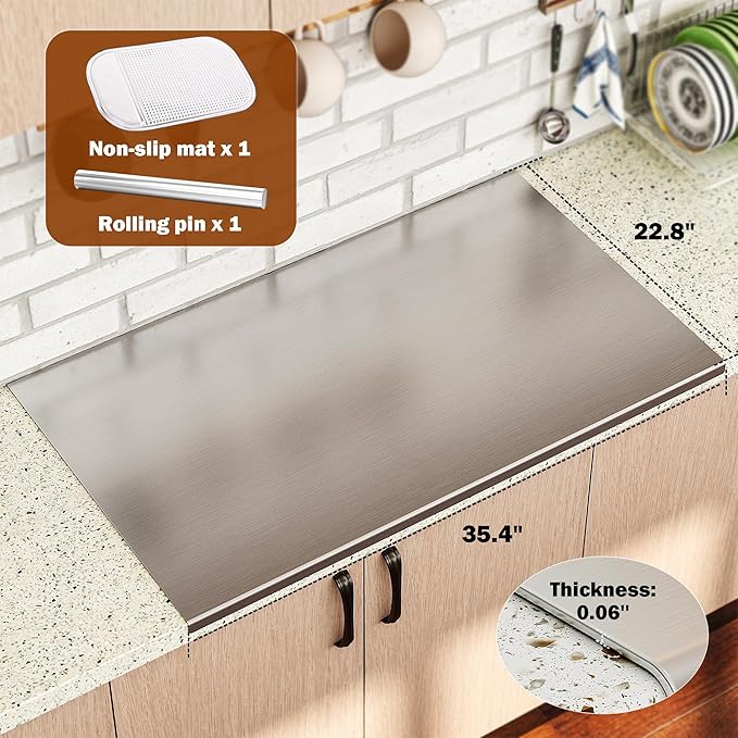 tonchean Extra Large 304 Stainless Steel Chopping Board with Lip, 35.4”x 22.8”Steel Cutting Board with Rolling Pin, Metal Noodle Board Pastry Board Kneading Dough Board for Kitchen Restaurant