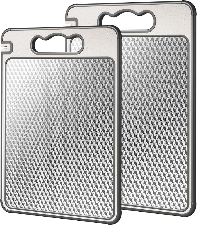 Double Sided 304 Stainless Steel & Wheat Straw Cutting Board, Non Toxic Chopping Board, Dishwasher Safe, Scratch Resistant Mesh Design, 16"*11"with 14.4"*9.8"