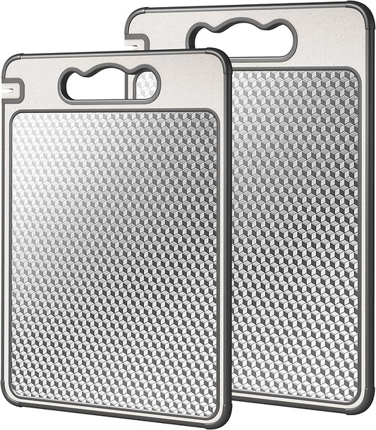 Double Sided 304 Stainless Steel & Wheat Straw Cutting Board, Non Toxic Chopping Board, Dishwasher Safe, Scratch Resistant Mesh Design, 16"*11"with 14.4"*9.8"