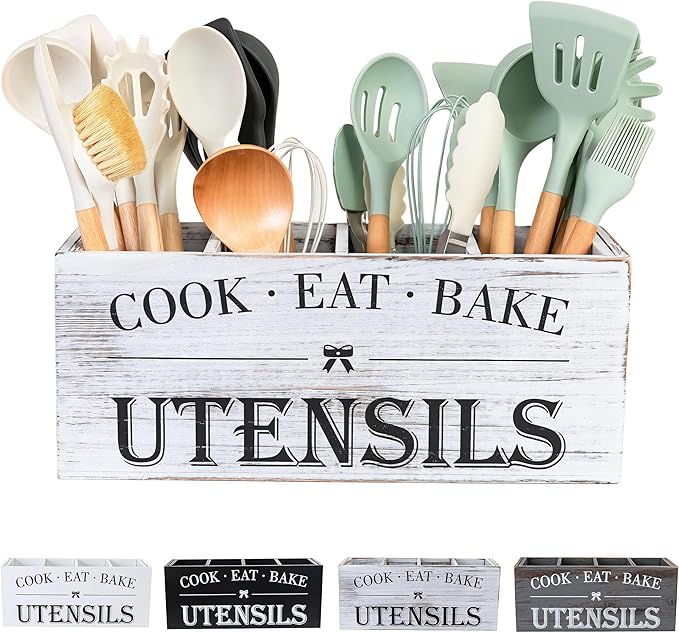 Utensil Holder,Extra Large Wooden Utensil Holder For Kitchen Counter,Cooking Spatula Organizer,Big Storage Caddy With 4 Compartments Flatware Spoon Tool Cutlery（Light White）