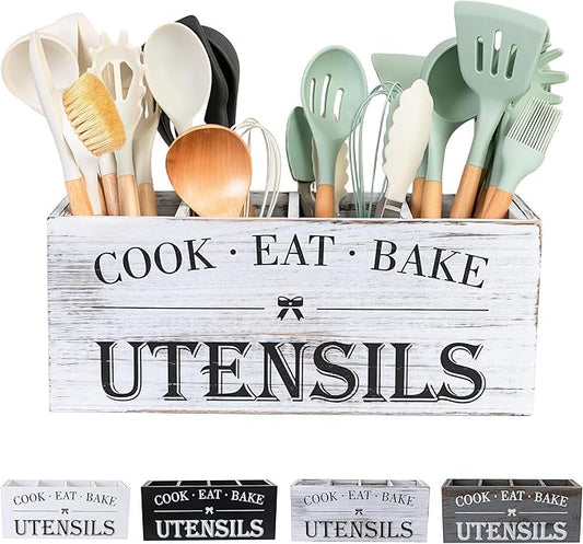 Utensil Holder,Extra Large Wooden Utensil Holder For Kitchen Counter,Cooking Spatula Organizer,Big Storage Caddy With 4 Compartments Flatware Spoon Tool Cutlery（Light White）