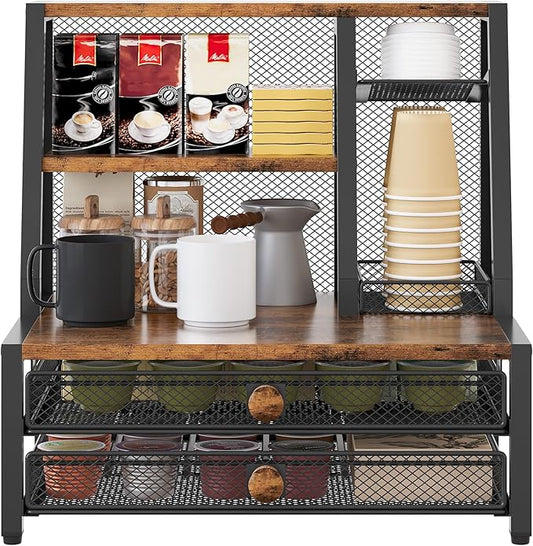 TQVAI Coffee Bar Organizer, Maximize Small Countertop Space, 70 Standard Capsules Capacity with Sliding Pods Drawer, 4-Tier Coffee Station Organizer for Home Kitchen Office Commercial