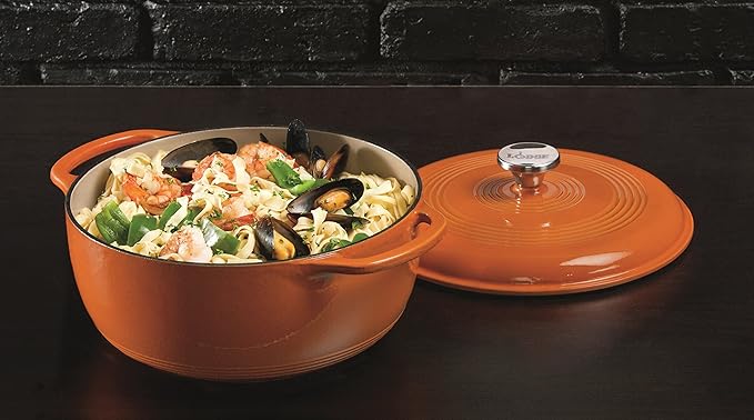 Lodge Essential Enamel Cast Iron Dutch Oven - Perfect for Bread Baking, Braising, Marinating & Slow Cooking - Features Moisture-Sealing Lid & Dual Handles - Kitchen Essentials - 6 Quarts - Pumpkin
