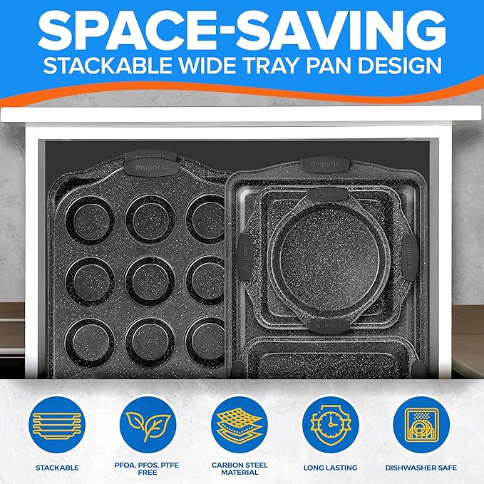 Baking Pan Set - Nonstick Coating, Carbon Steel Bakeware Sets with Gray Silicone Handles, PFOA, PFOS, PTFE Free, Recipe Booklet Included, Oven Safe Tray (Up To 450° F), Set of 8 - Gray