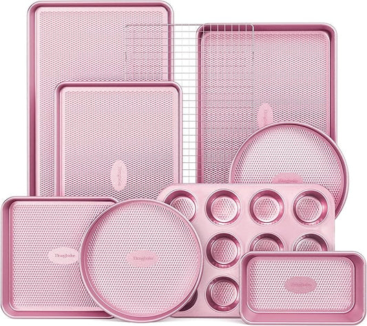 HONGBAKE 9-Piece Baking Pans Set Nonstick, Stackable Non Toxic Bakeware Sets with Diamond Texture, Oven Pan Set for Cooking, Includes Cookie Sheet with Rack, Cake Pan, Roasting Pan, Muffin Tin, Pink