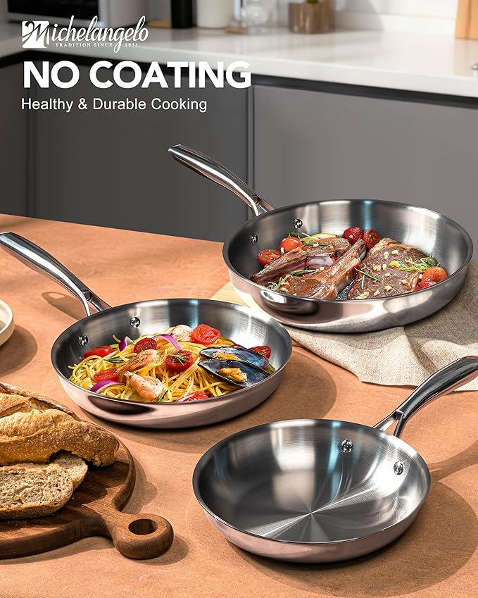 MICHELANGELO Tri-Ply Stainless Steel Frying Pan Set, 8" 9.5" 11" Skillets, Full Clad Stainless Steel Pans for Even Heating, Durable Cooking Pan Set for Home Chefs & Everyday Cooking