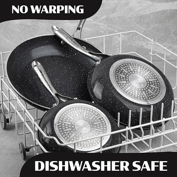 Granitestone Ceramic Nonstick Frying Pan Set 3pc 8/10/12 inch, Non Toxic Skillet Set, Induction Compatible, PFOA Free, Oven & Dishwasher Safe - Black