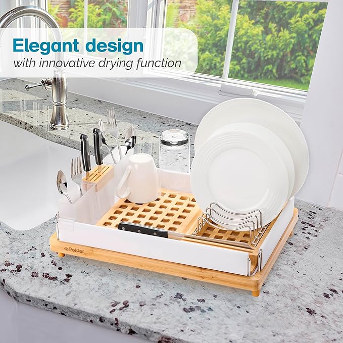 Polder Harmony Dish Rack, Sturdy Dish Drying Rack with 2 Open-Pattern Drain Trays, Dish Racks for Kitchen Counter, Drying Rack for Kitchen Storage, 19.6" x 13.5" x 6.2", White