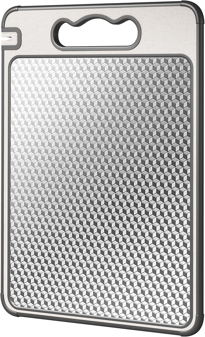 Double Sided 304 Stainless Steel & Wheat Straw Cutting Board, 16"*11" Non Toxic Lightweight Chopping Board, Separately Handle Meat and Vegetables, Dishwasher Safe, Scratch Resistant Mesh Design