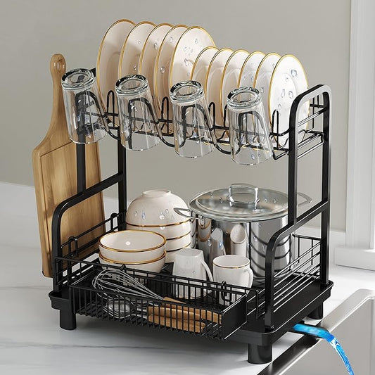 romision Capacity Dish Drainers Drying Rack, Metal Stainless Steel Rust Proof Plate Strainers Holder with Drainboard Tray, Space Saving, On Counter 2 Tier, Black