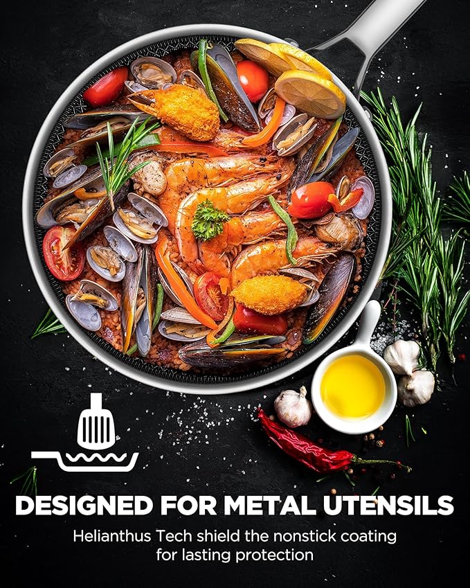 Saute Pan with Lid, Hybrid Ceramic Nonstick 12 Inch 5-Quart Tri-Ply Stainless Steel Skillet, PFAS/PFOA/PTFE Free, Metal Utensil Safe, Dishwasher & Oven Safe, Induction Compatible