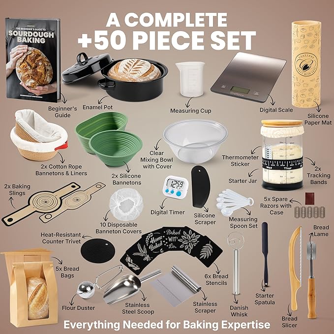 Super All-Inclusive 𝗣𝗥𝗘𝗠𝗜𝗨𝗠 Sourdough Starter Kit with Pot - Sourdough Bread Baking Supplies, Scale, Oval & Round Baking Slings, 4 proofing Baskets, Bowl, Timer, Beginner Guide Recipes
