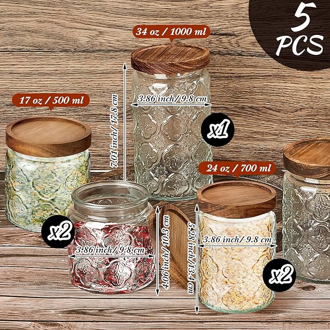 Gerrii 5 Pcs Begonia Pattern Round Vintage Glass Food Storage Containers 17/24/34 oz Glass Jar with Lid Airtight Candy Jar Food Canisters for Kitchen Counter Pantry Coffee Tea Beans