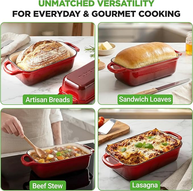 NutriChef 9x5" Enameled Cast Iron Loaf Pan with Lid, Enamel-Coated Baking Loaf Pan for Sourdough, Oven Safe, Nonstick Bread Pan with Silicon Gloves, Dishwasher Safe, Red