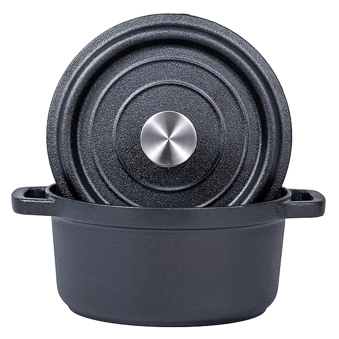 Bruntmor 5.2 Quart Pre-Seasoned Cast Iron Dutch Oven with Lid and Handles - Versatile Black Cast Iron Skillet - Shallow Cookware for Casseroles and Braising Dishes - Works with Induction Stovetops