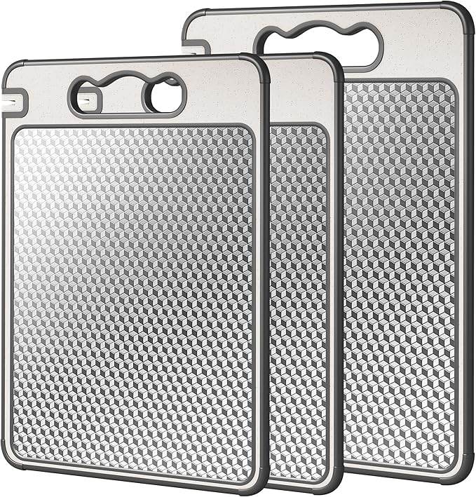Double Sided 304 Stainless Steel & Wheat Straw Cutting Board,Non Toxic Lightweight Chopping Board, Dishwasher Safe,Scratch Resistant Mesh Design,3Pcs Cutting Board Set 16"*11"(1pack)&14.4"*9.8"(2pack)