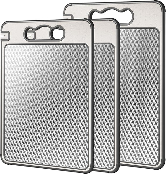 Double Sided 304 Stainless Steel & Wheat Straw Cutting Board,Non Toxic Lightweight Chopping Board, Dishwasher Safe,Scratch Resistant Mesh Design,3Pcs Cutting Board Set 16"*11"(1pack)&14.4"*9.8"(2pack)