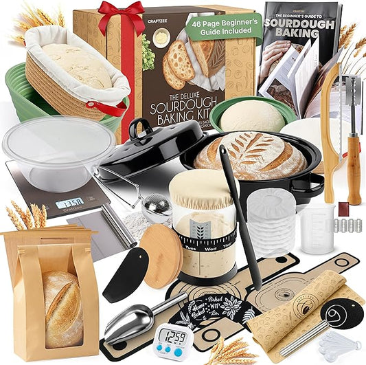 Super All-Inclusive 𝗣𝗥𝗘𝗠𝗜𝗨𝗠 Sourdough Starter Kit with Pot - Sourdough Bread Baking Supplies, Scale, Oval & Round Baking Slings, 4 proofing Baskets, Bowl, Timer, Beginner Guide Recipes