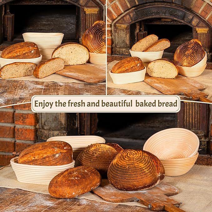 Banneton Bread Proofing Basket Set – 9” Round & 10” Oval Natural Rattan Baskets with Linen Liners, Bread Lame & Dough Scraper – Artisan Baking Tools for Experienced Sourdough Bakers
