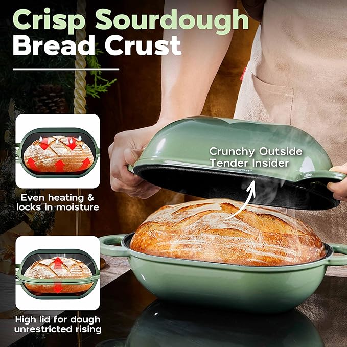 Onader Enameled Cast Iron Oval Dutch Oven for Bread Baking, 9x5-1/2 Inch Loaf Cast Iron Bread Oven Pan with Lid, 2.8QT Meatloaf Pan for Sourdough, Heavy Duty - Pistachio Green