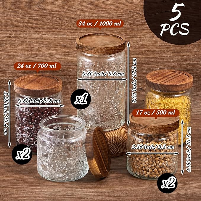 Gerrii 5 Pcs Sunflower Pattern Round Vintage Glass Food Storage Containers 17/24/34 oz Glass Jar Airtight Candy Jar Food Canisters for Kitchen Counter Pantry Coffee Tea Bean