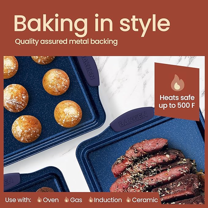 BAKKEN Kitchen Baking Pan Set - Nonstick Blue Marble Coating, Commercial Grade Carbon Steel Bakeware Sets, Baking Kitchen Essentials, PFOA, PFOS, PTFE Free, Oven Safe Tray (Up To 450° F), Set of 6