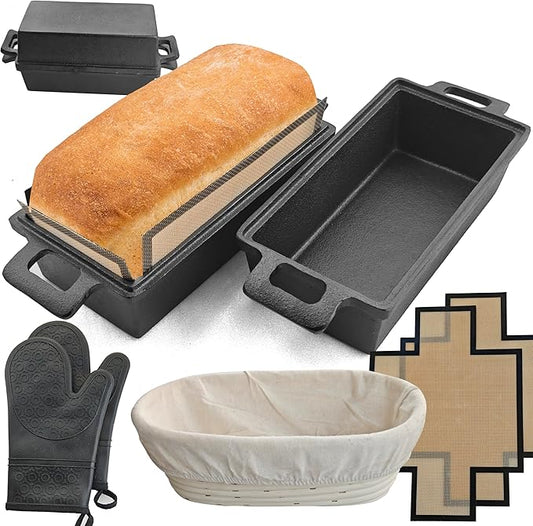 2-In-1 Cast Iron Oven Pan - 9"x5" Durable Loaf Pans Rectangular Baking Pan with Banneton Bread Proofing Basket set for home baking, 2 Piece Set -1.8 QT×2 Pcs (Silicone mats, Bread Pan 4 Set)