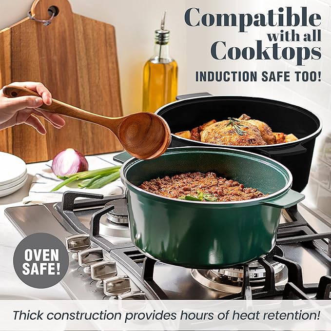 Granitestone Dutch Oven, 6.5 Quart Ultra Nonstick Enameled Lightweight Aluminum Dutch Oven Pot with Lid, Round 6.5 Qt. Stock Pot, Dishwasher & Oven Safe Induction Capable 100% PFOA Free, Emerald Green