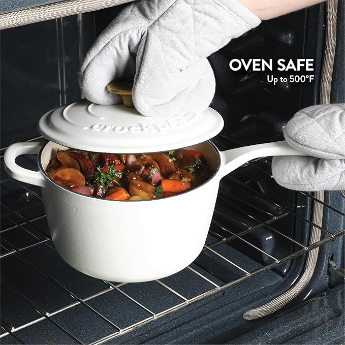 Crock-Pot 3-Quart European Enameled Cast Iron Saucepan with Lid – Matte Linen White, Durable Oven Safe Cookware