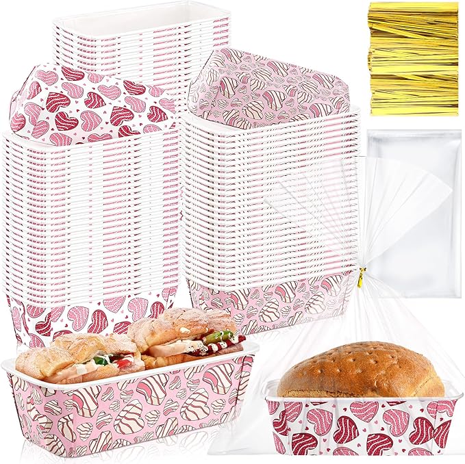 Honeydak 100 Sets Mini Loaf Baking Pans Bulk Paper Loaf Pans for Baking 6.3 x 2.2 x 2.2 in Heart Cookie Disposable Serving Tray Treat Pattern Party Supplies(Romantic)