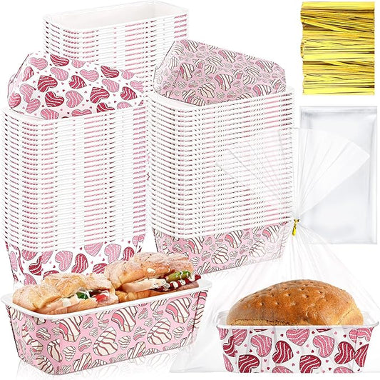 Honeydak 100 Sets Mini Loaf Baking Pans Bulk Paper Loaf Pans for Baking 6.3 x 2.2 x 2.2 in Heart Cookie Disposable Serving Tray Treat Pattern Party Supplies(Romantic)