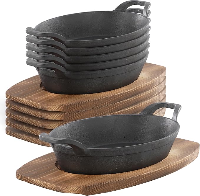 Megachef Cast Iron Mini Oval Pan/Saute Pan with Wood Tray, Cookware, Bakeware, Serveware (6 Piece)