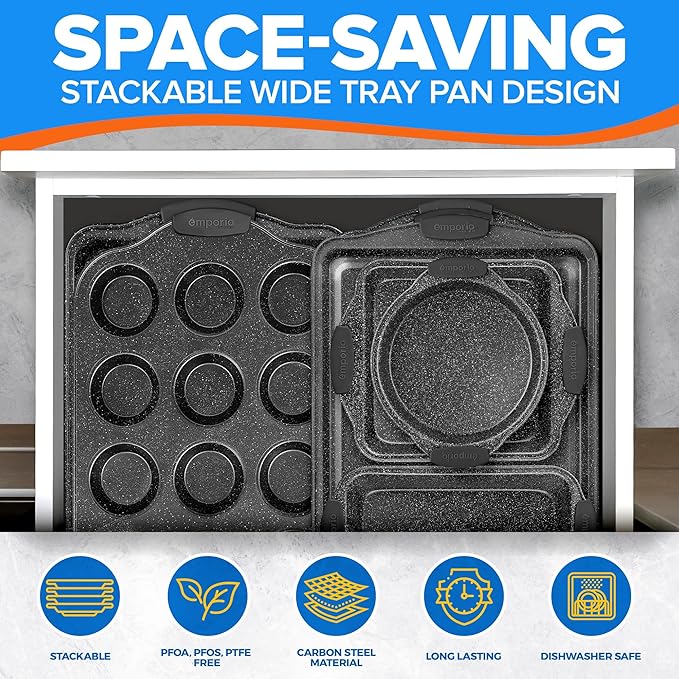 Baking Pan Set - Nonstick Coating, Carbon Steel Bakeware Set with Gray Silicone Handles, PFOA, PFOS, PTFE Free, Recipe Booklet Included, Oven Safe Tray (Up To 450° F), Set of 25 - Gray