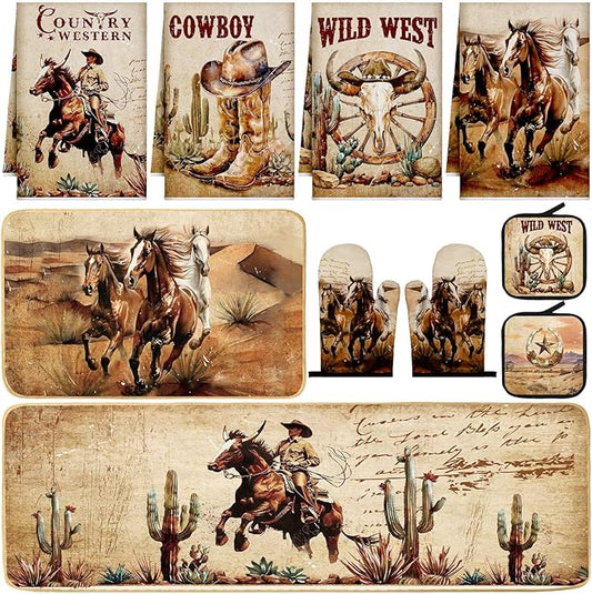 10 Pcs Western Cowboy Kitchen Decor Oven Mitts and Pot Holders Set Western Cowboy Kitchen Accessories Vintage Dish Towels Farmhouse Rugs and Mats for Home Cooking Baking Housewarming Gifts
