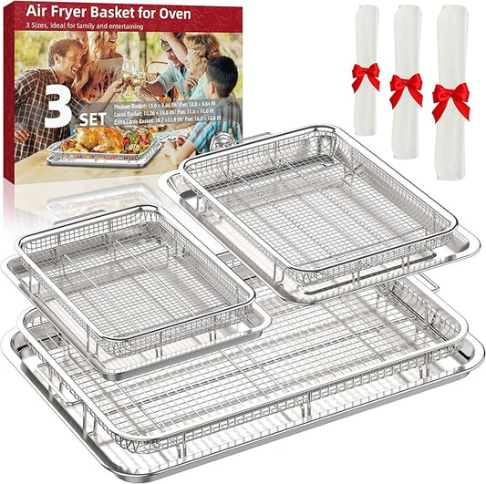 Air Fryer Basket for Oven, 3 Set Stainless Steel Oven Air Fryer Basket and Tray with 90 PCS Parchment Papers, OPENICE Air Fryer Pans and Crisper Tray - 18.7" x 12.8", 15.6" × 11.6" & 12.8" × 9.6"