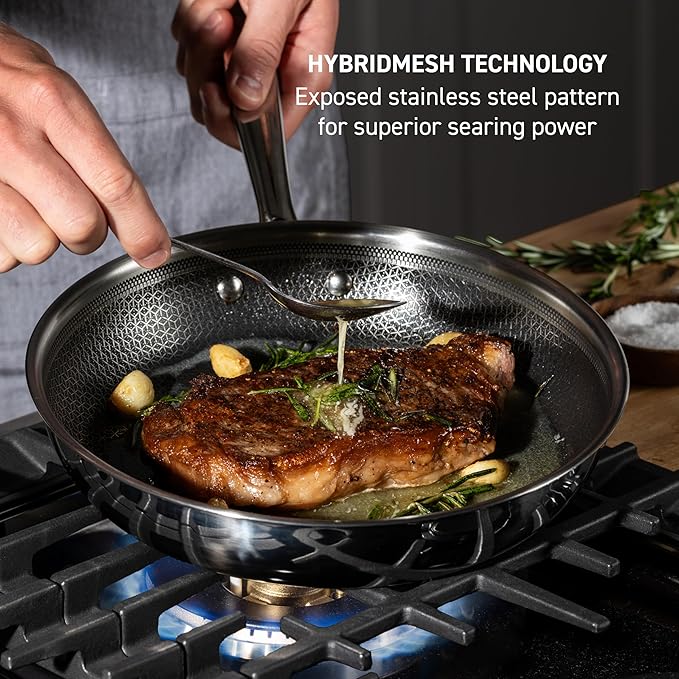 T-fal HybridMesh Tri-Ply Stainless Steel Fry Pan 8 Inch, Induction Oven Safe 500F, Metal Utensil Safe, Ideal For Searing, Cookware, Dishwasher Safe Pots and Pans, Needs Pre-Heating, Silver/Black