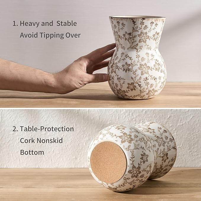 JIEMEI HOME Kitchen Utensil Holder, 7.56" Ceramic Large Rustic Utensil Crock for Countertop, Farmhouse Cooking Tool Organizer, Spatula Holder For Kitchen Decor, Brown Floral