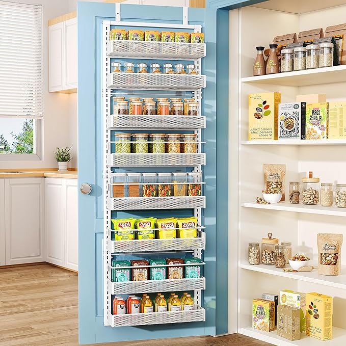 SNTD 8 Tiers Over the Door Organizer - Height Adjustable Pantry Organizers and Storage with Dense Mesh Baskets, Anti-Swing Hanging Door Spice Rack for Kitchen Bathroom (White, 17" W x 6" D x 69" H)